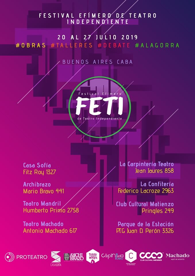 Afiche del FETI 2019, con el logo del festival y las ocho salas participantes