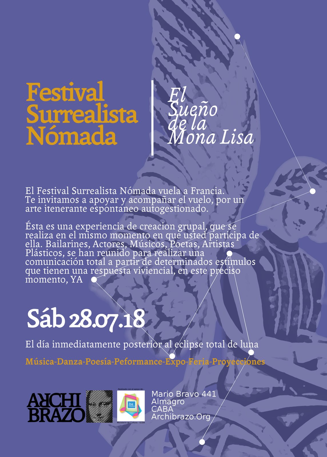 Afiche del Festival Surrealista Nómada, El Sueño de la Mona Lisa, sábado 28 de julio de 2018