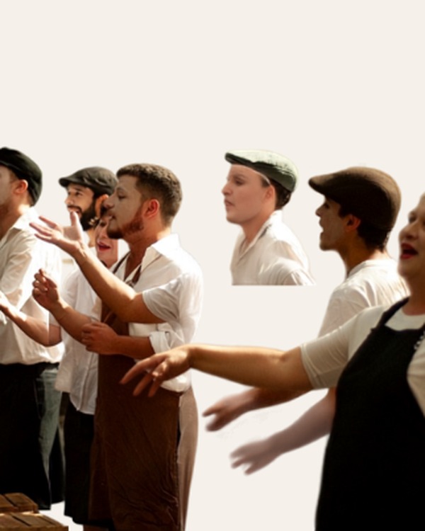 Integrantes de Sin Telón en una composición de teatro comunitario sobre fondo blanco